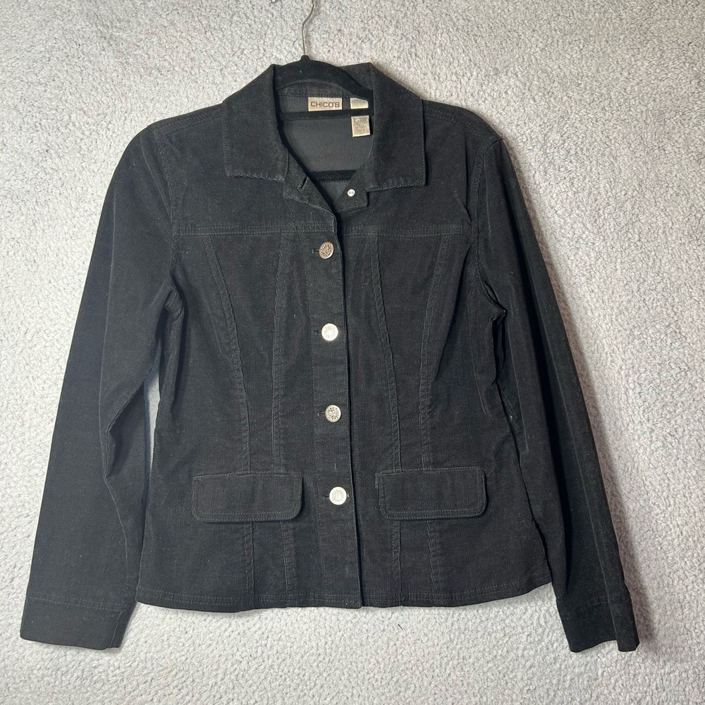 Chico's Jacket Womens 0 Small 4-6 Black Corduroy Snap Front Button Up Jacket